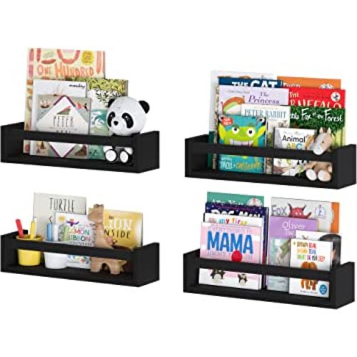 Wallniture Utah Floating Shelves for Wall, Kids Bookshelf and Wood Wall Shelves for Nursery Decor, Set of 4, Black