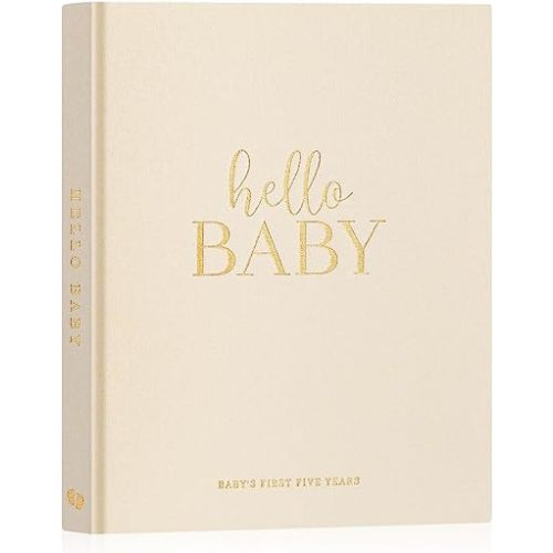 Lanpn Baby Book Keepsake for New Parents - Hello Baby First 5 Year Memory Book for Boy Girl - Newborn Baby Journal Scrapbook Photo Album Baby Milestone Book (Beige, Linen Hardcover, 154 Pages)