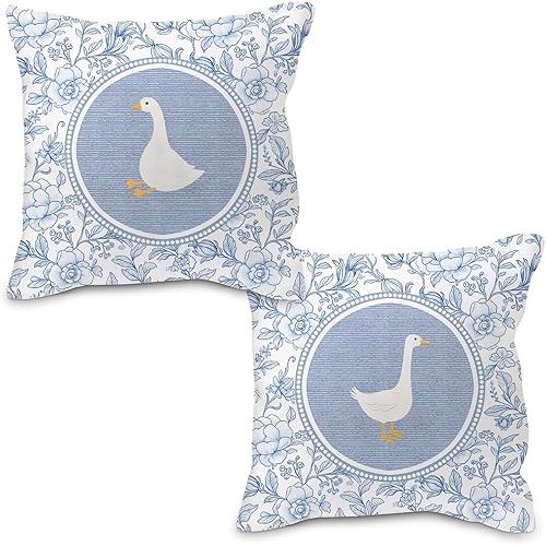 Blue and White Chinoiserie Goose Pillow Covers 18x18, Goose Nursery Decor, Grandmillennial Floral Geese Decorative Throw Pillow Case Covers for Baby Little Girls Room Bedroom, Set of 2