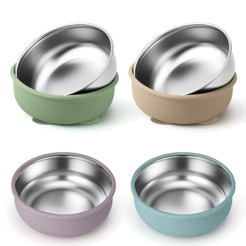 BUSOHA 4 Pack Stainless Steel Baby Bowls with Suction – 2-in-1 Toddler Feeding Plates Heat-Resistant Spill-Proof Suction Bowls for Kids Baby Toddler Food Feeding