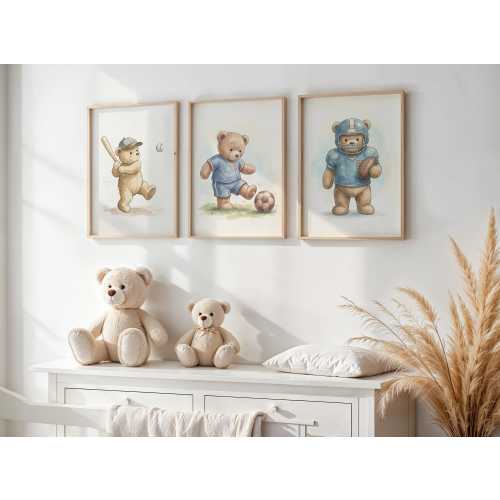 Teddy Bear Sports Nursery Wall Art Set of 3 Prints, Watercolor Bears Nursery Decor