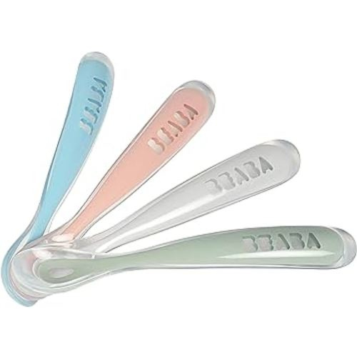 BEABA First Stage Baby Feeding Spoon Set, The Original Soft Tip Silicone Spoons for Babies, Gum Friendly BPA Lead Phthalate and Plastic Free, Great Gift Set (4 Pack), Rose