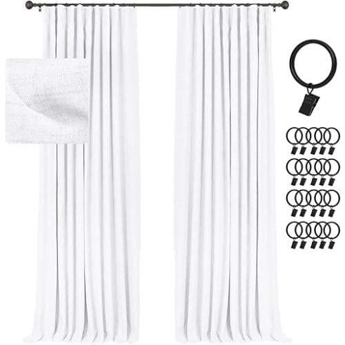 INOVADAY 100% Blackout Curtains for Bedroom, Black Out Curtains 84 Inch Long, Clip Rings Linen Blackout Drapes, Thermal Insulated Room Darkening for Living Room, 2 Panels - Brightwhite,W50xL84