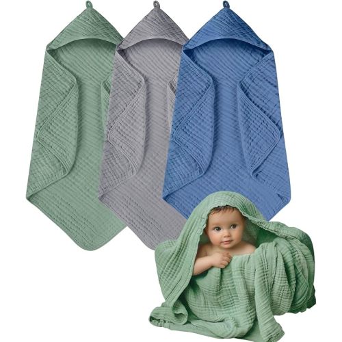 Muslin Hooded Towels, 3 Pack Cotton Bath Towels With Hood for Newborn, Infant, Toddler - Soft and Absorbent Baby Shower Essential (35 X 35'') (Green + Grey + Dark Blue)
