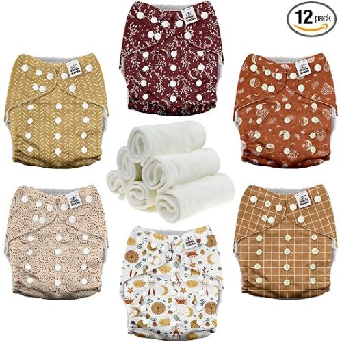 Mama Koala 3.0 Pocket Cloth Diapers for Babies with AWJ Lining, 6 Pack with 6 4-Layer Natural Cloth Diaper Inserts - Reusable and Washable Pocket Diapers(Lucky Colors)
