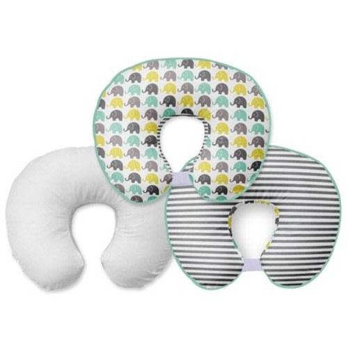 Bacati - 3 pc Elephants Mint Yellow Gray Hugster Feeding & Infant Support Nursing Pillow with 2 removable zippered covers