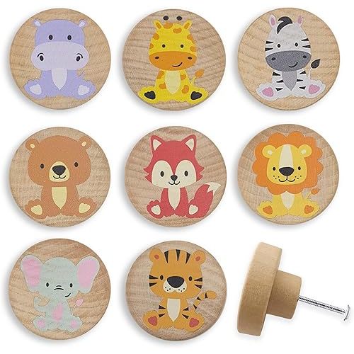 8Pack 1.8" Wood Cute Nursery Kids Dresser Unique Cabinet Knobs Animal Drawer Pulls Wooden Knob