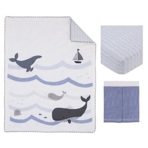 NoJo Marine Navy, Light Blue, Chambray, and White Ocean Friends 3 Piece Nursery Crib Bedding Set - Comforter, Fitted Crib Sheet, and Crib Skirt