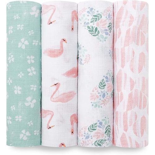 aden + anais Essentials Muslin Swaddle Blankets for Baby Girls and Boys, Newborn Receiving Blanket for Swaddling, 100% Cotton Baby Swaddle Wrap, 4 Pack, Floral, Briar Rose