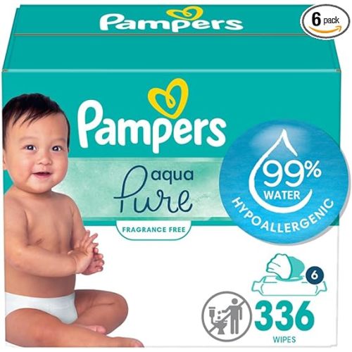 Pampers Baby Wipes Aqua Pure, 99% water-based wipes, Hypoallergenic and Unscented Infant Wipe, 336 Total (6 Flip-Top Packs)