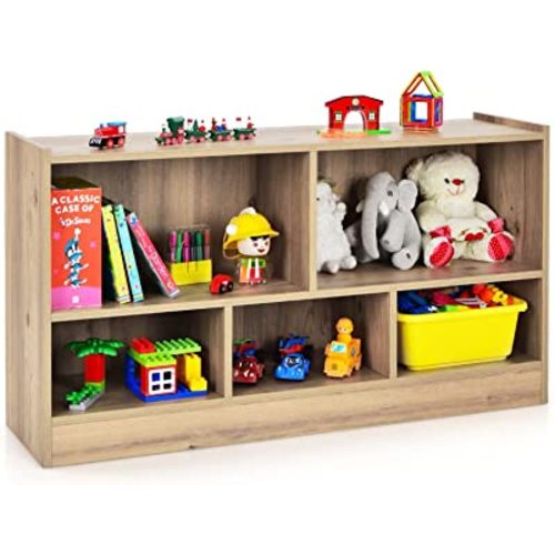 Costzon Toy Storage Organizer for Kids, 5-Section School Classroom Storage Cabinet for Organizing Books Toys, Wooden Bookshelf Daycare Furniture for Playroom Kids Room Nursery Kindergarten (Natural)