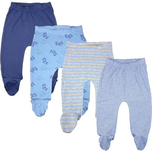 123 Bear Baby Soft Cotton Spandex Pants with Feet - 0-3 Months - Blue 4-pack