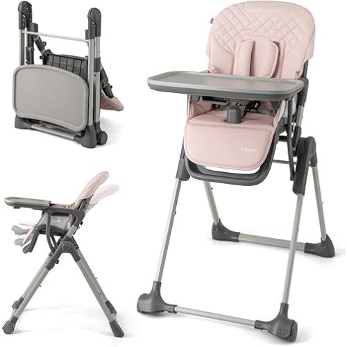 INFANS Baby High Chair, Convertible Quick Folding Portable Highchair for Babies and Toddlers with Adjustable Height Backrest Footrest 2 Wheels Removable Tray, Easy to Clean PU Seat (Pink)