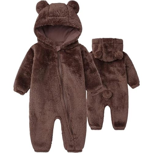 Baby Snowsuit Bear Ear Hooded Jumpsuit Fleece Romper Zipper Winter Coat Outfits