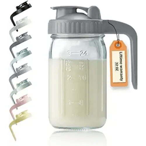 32oz Glass Pitcher with Lid & V-shaped Pour Spout - 1 Quart Breastmilk Pitcher Double Leak Proof, Creamer Container for Sun Tea, Juice, Cold Brew Coffee, Breastmilk Storage Container