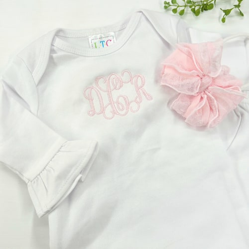 Baby Girl Coming Home Gown White with Ruffle Sleeve & Headband Bow Set