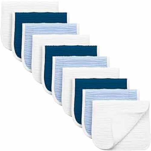 Synrroe Burp Cloths Large, Muslin Burp Cloths for Baby Girls and Boys, Pack of 10 Extra Absorbent and Soft Muslin Bibs, 6 Layers 20 by 10 Inches 100% Cotton (Blue Sets 10 Pack)