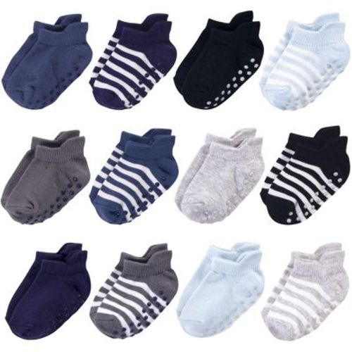 Touched by Nature Baby and Toddler Boy Organic Cotton Socks with Non-Skid Gripper for Fall Resistance, Blue Black, 6-12 Months