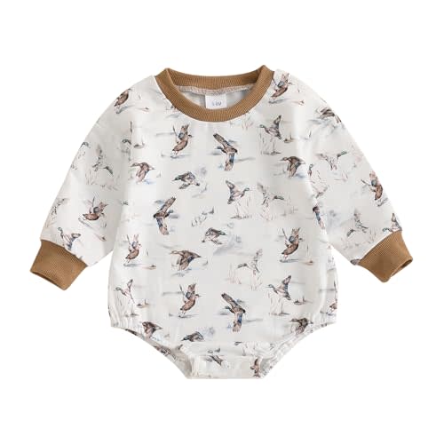 HAPRIZERA Newborn Baby Boy Girl Mallard Duck Romper All Over Duck Animal Print Long Sleeve Bubble Romper Hunting Baby Clothes