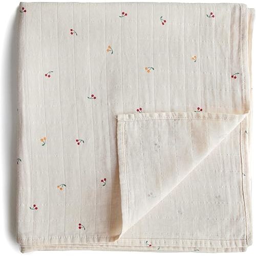 mushie Muslin Baby Swaddle Blanket | 100% Organic Cotton (Cherries)