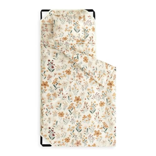 Wake In Cloud - Cot Nap Mat with Pillow and Blanket, for Toddler Kids Boys Girls in Daycare Kindergarten Preschool Pre K with Elastic Corner Straps, Orange Flowers on Yellow