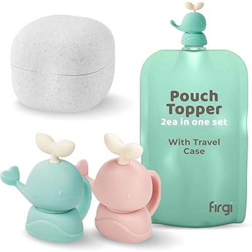 Whale SoftSip Food Pouch Topper | 2EA + Travel Case | Prevent Spills & Leakage | Protect Child Baby Toddler Mouth | Food Grade Silicone Reusable | Baby Led Weaning | BPA Free| Mint+Pink