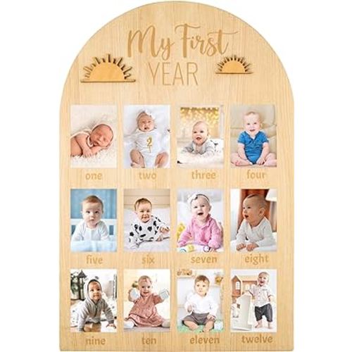R HORSE My First Year Photo Display Wood Board, Baby’s First Year Picture Frame 12 Months Milestone Board Photo Frame Neutral Baby Keepsake Frame Boho Sun 1st Birthday Nursery Decor Gift for Boy Girl