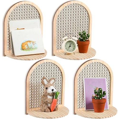 Karenhi 4 Pcs Boho Rattan Wall Shelf Wooden Boho Wall Decor Rustic Wood Floating Shelves Storage for Nursery Plant Figurines Display Living Room Bedroom Bathroom Decor