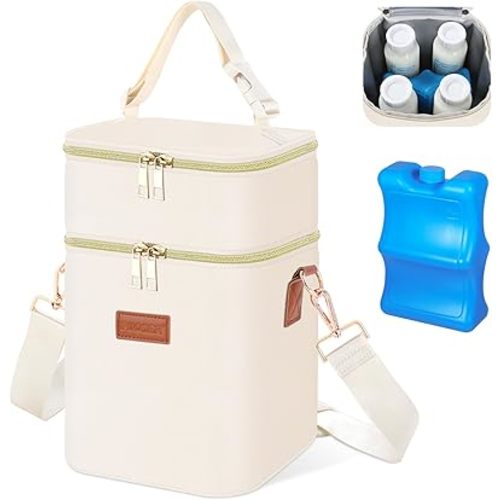 PIIOSER Baby Bottle Tote Bag with Ice Pack, Fits 4 Baby Bottles Up to 9 Ounce, Small Insulated Breastmilk Cooler Travel Bag with Shoulder Strap for Nursing & Working Mom Daycare (Cream-S)