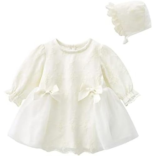 Toddler Baby Girl Long Sleeve Fall Dress Flower Lace Wedding First Birthday Baptism Christening Dresses with Hat Outfit