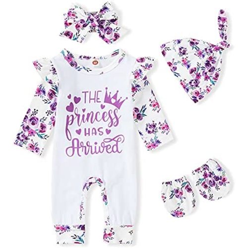 GRNSHTS Newborn Baby Girl Romper Infant Letter Print Jumpsuit Floral Bodysuit+Hat+Headband+Gloves Coming Home Clothes Outfits