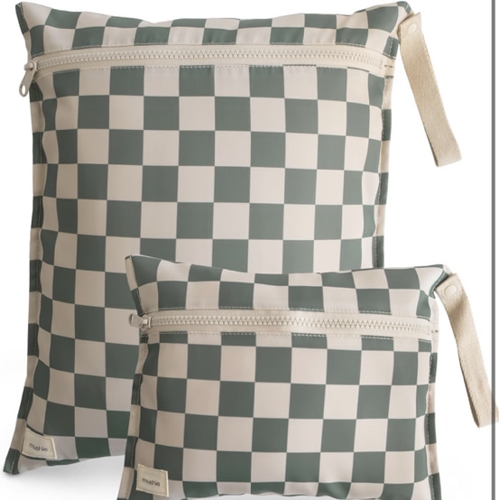 mushie Water Resistant Wet Bags | Large & Small Reusable Storage Bag for Baby Items and Travel | Zippered Pockets with Handle | Machine Washable, Set of 2 (Olive Check)