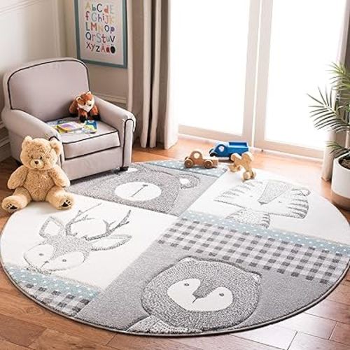 SAFAVIEH Carousel Kids Collection Area Rug - 5'3" Round, Grey & Ivory, Animal Design, Non-Shedding & Easy Care, Ideal for High Traffic Areas for Boys & Girls in Playroom, Nursery, Bedroom (CRK188B)