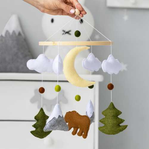 Woodland baby mobile neutral, Mountains and trees mobile, Bear nursery mobile,Forest mobile for crib,National park baby mobile,New baby gift