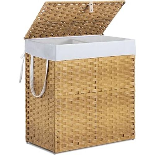 DUMOS Woven Laundry Basket with Lid, 110L Large Capacity Hamper, Removable & Machine-Washable Liner, Foldable Rattan Clothes Hamper, Sturdy Steel Frame, Odor Control, Goose Yellow