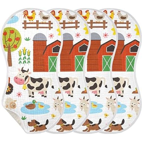 Burbuja Farm Animals Muslin Baby Burp Cloths, Soft & Absorbent Cotton Burping Rags for Newborn Boys & Girls, 4 Pack
