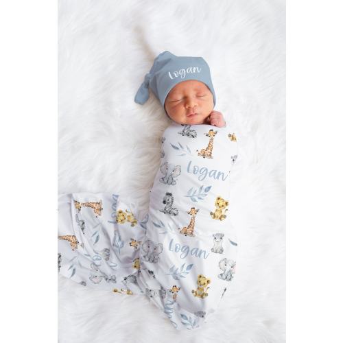 Baby Boy Swaddle Set with Name- Blanket Beanie Hat - Personalized Baby Boy Blanket -Newborn Hospital Photo -Safari Blanket- Baby Gift s329