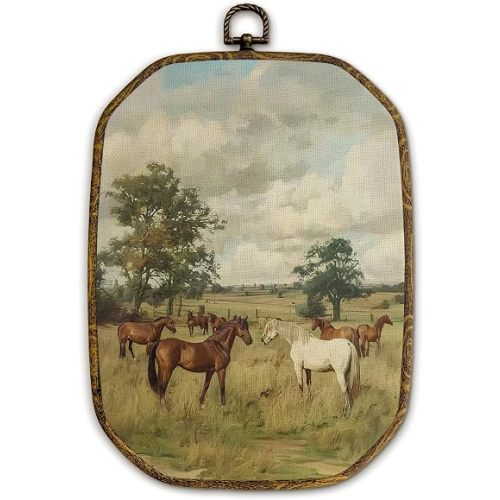 Yjeslw Vintage Horse Octagon Wall Art Decor, Antique Equestrian Framed Canvas Prints, Rustic Farmhouse Horse Animal Landscape Wall Hanging Decorations for Home Bedroom Living Room Decor, 10.2x7 Inches