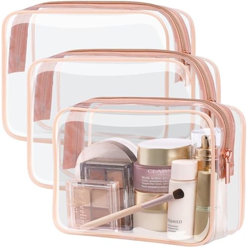 PACKISM TSA Approved Toiletry Bag - Clear Makeup Bag Waterproof Quart Size Bag, Travel Makeup Cosmetic Bag for Women, Carry on Airport Airline Compliant Bag, 3 Pack - Active Rose Pink 3 Pack