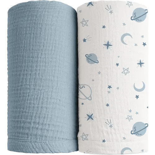 Konssy Muslin Swaddle Blankets for Boys Girls, 2 Pack Receiving Baby Blanket Large 47 x 47 inches, Soft Breathable Swaddling Wrap for Unisex Newborn (Star,Blue)