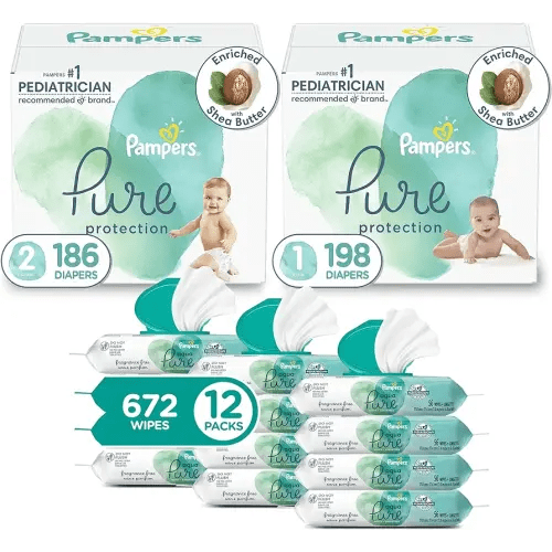 Pampers Pure Protection Disposable Baby Diapers Starter Kit (2 Month Supply), Sizes 1 (198 Count) & 2 (186 Count) with Aqua Pure Sensitive Wipes, 12X Pop-Top Packs (672 Count)