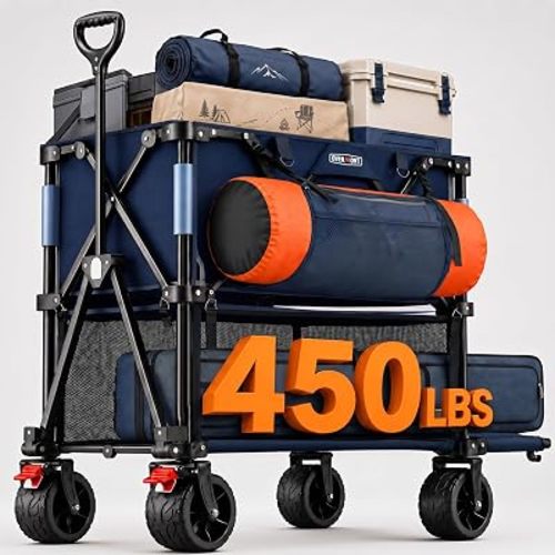 Overmont 400L Double Decker Wagon Cart, Heavy Duty 450lbs Folding Utility Wagon with 47" Extended Shelf, All-Terrain Collapsible Wagon for Camping, Sports Events, Tailgating & One-Trip Hauling