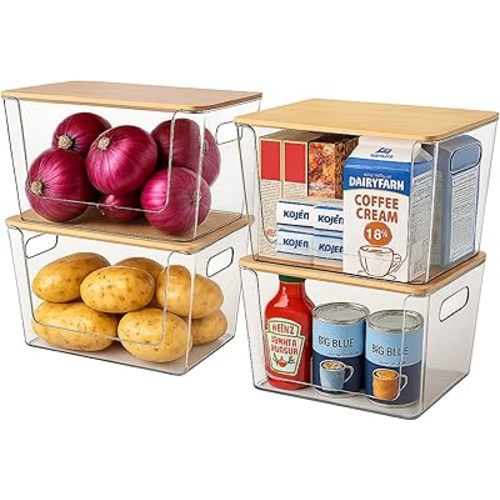 4 Pack Clear Stackable Potato & Onion Storage Bins - Trash Bag Holder Dispenser Under Sink Organizer for Pantry, Kitchen Countertop - Trash Bag Dispenser with Bamboo Lid for 4-13 Gal Bags