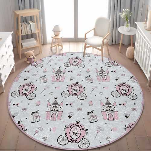 Fairytale Castle Round Nursery Rug, Anti-Slip Pink Baby Room Rug, Princess Carriage Play Mat, Pink Bird Mat, Princess Theme Girls Room Decor
