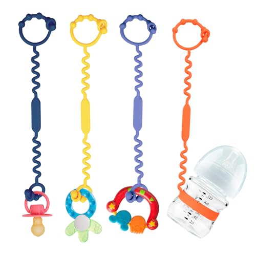 Toy Straps for Baby, Silicone Toy Straps for Stroller, Toy Safety Straps for Teether Toy, Pacifier, Sippy Cup Straps, Adjustable Toy Holder for Stroller, High Chair - BPA Free (B-Multi 4 Pack)