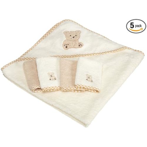 Spasilk 5-Piece Soft Terry Hooded Bath Towel and Washcloth Set, 1 Baby Towel and 4 Baby Washcloths for Newborn Boys and Girls, Brown Bear