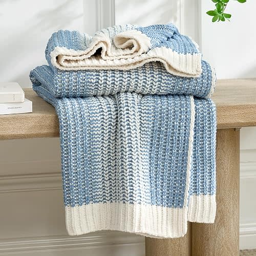 Premium Chenille Throw Blanket, Soft Cozy Luxury Two-Tone Knit Blanket for Couch, Sofa, Chair, Home Decor, Blue & Ivory 50"x60"