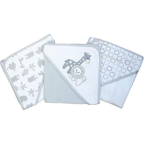 Spasilk Baby 3 Pack Soft Terry Hooded Towel Set for Newborn Boys and Girls Gray Lion One Size