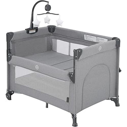 2-in-1 Baby Playard, Pack and Play Bassinet, Easy Folding Portable Crib with Music Mobile for Newborn to Toddlers (Grey)