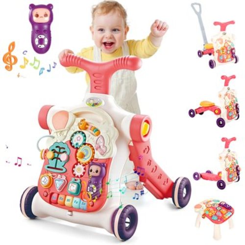 Baby Walker Sit-to-Stand Learning Walker, 5 in 1 Baby Push Walker and Activity Center for Baby with Removable Play Panel, Baby Music Early Learning Push Toys for Infant Boys Girls 12+ Months, Pink